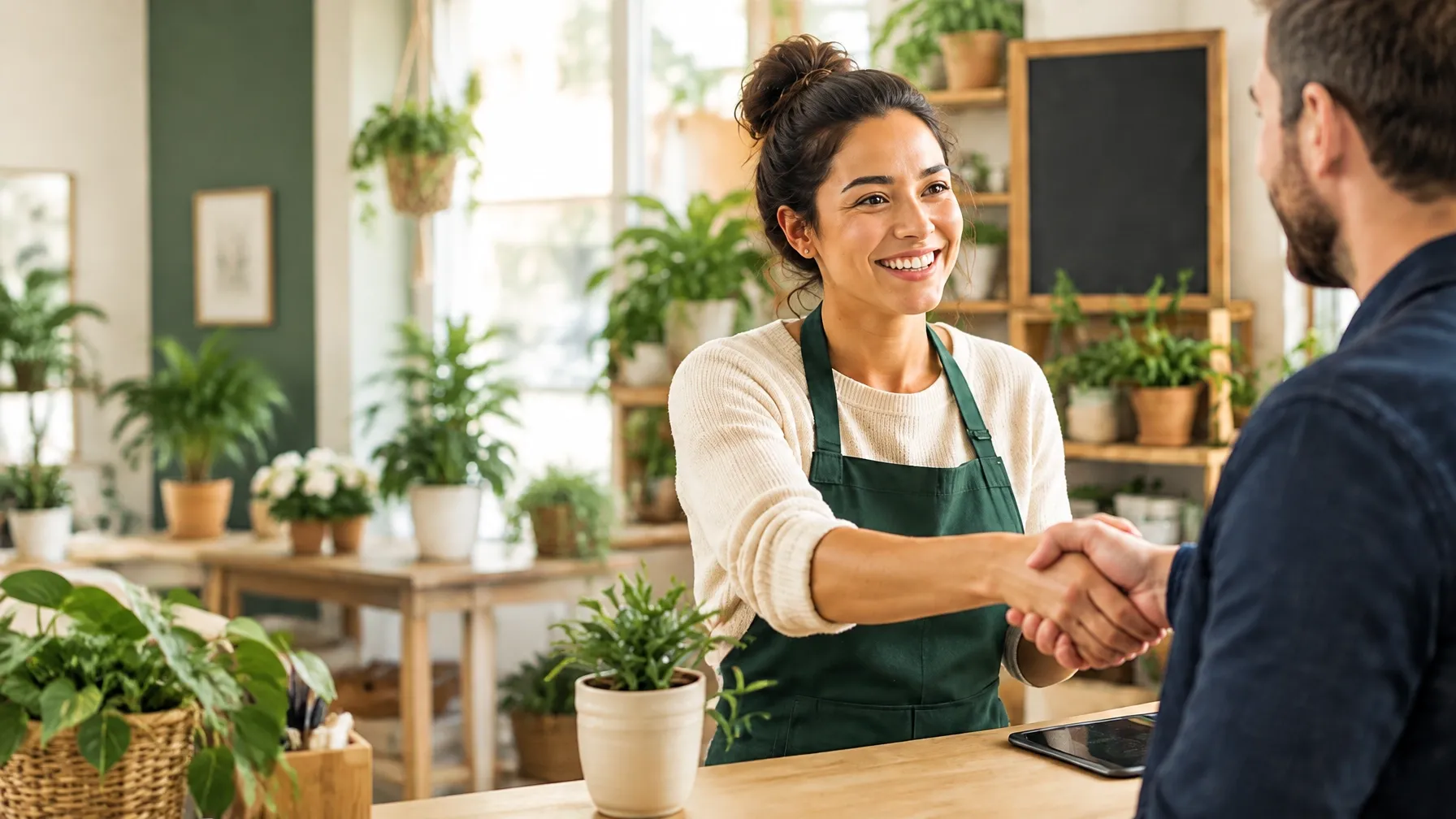 A local business owner warmly greeting a customer in her shop