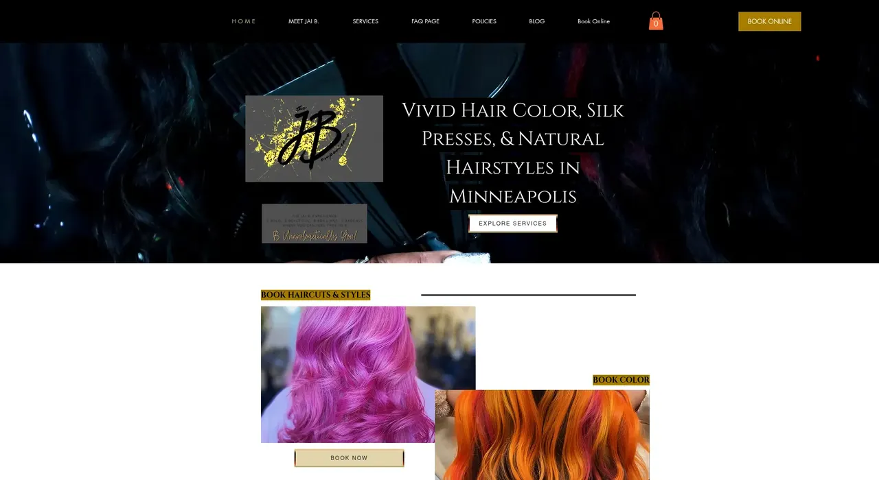 The Jai B. Experience website for vivid hair color and salon services in Minneapolis