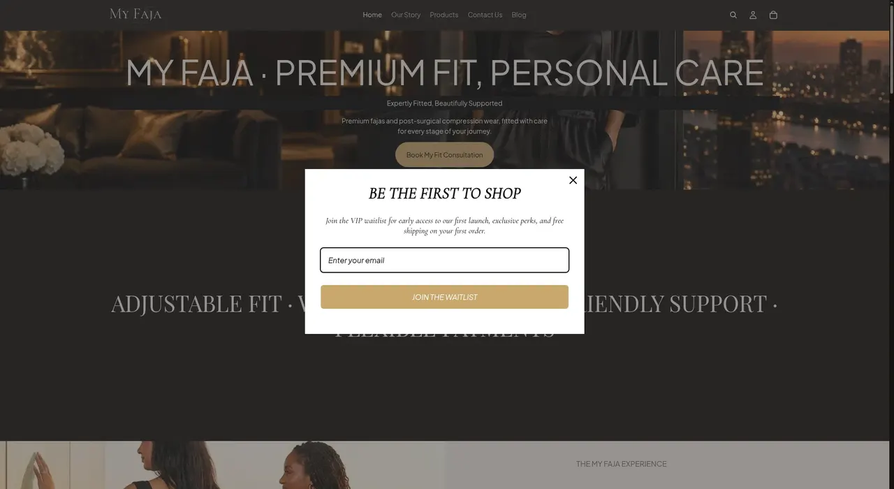 My Faja online store homepage featuring its premium fit and personal-care message