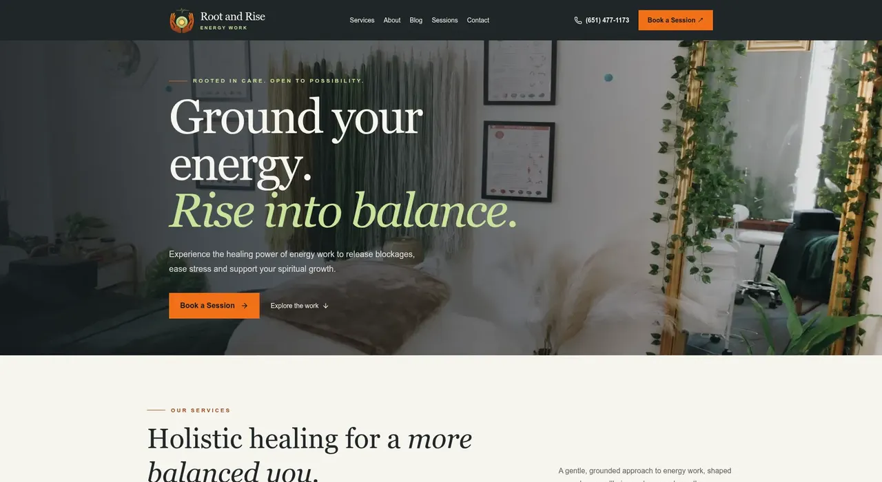 Root and Rise Energy Work homepage featuring its treatment room and energy-work services